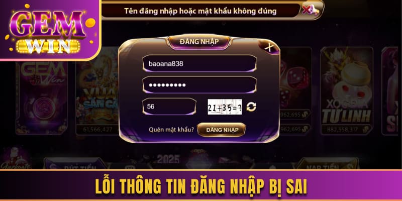 Lỗi thông tin đăng nhập bị sai