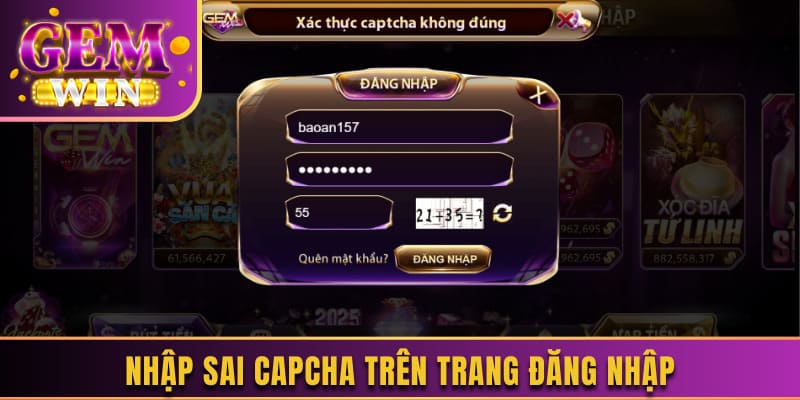 Nhập sai captcha trên trang đăng nhập